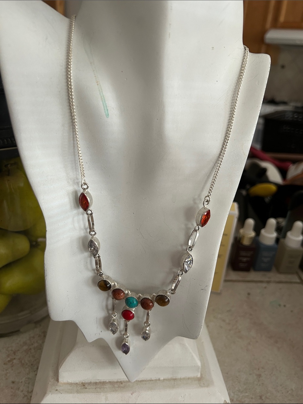 Silver Multi-Stone Pendant Necklace in Red, Turquoise & Brown